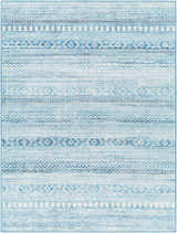 Close-up of Gizeh Arctic Stone Washable Area Rug. Features a farmhouse-style geometric pattern in arctic stone and harbor blue. Design-Rectangle-537