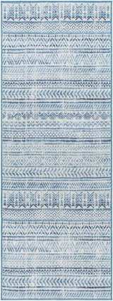 Close-up of the Ianna Arctic Stone Washable Area Rug featuring a blue and white geometric pattern. Farmhouse style. Design-Runner-2773