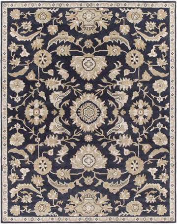 Close-up of the Caesar CAE-1164 Black Floral Wool Rug, featuring a traditional floral design in beige and dark blue hues. Design-Rectangle-7696