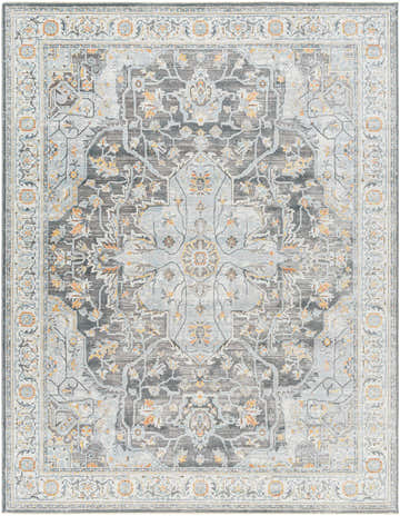 Detailed view of the Hayfa Area Rug in dark gray, light gray, and orange floral traditional pattern. Design-Rectangle-710103