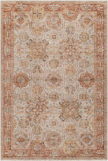 Close-up of the Ange Rust Rich Textured Traditional Rug, showcasing its bone, clay, and dark brown colors. Design-Rectangle-6796