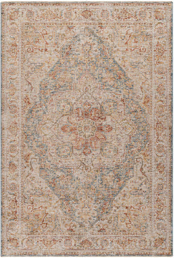 Close-up of the Cress Tan Rich Textured Traditional Rug, featuring bone, blue, and garnet colors in a floral, ornate pattern. Design-Rectangle-6796