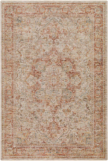Close-up of the Cress Rust Rich Textured Traditional Rug with clay, dark brown, and light peach colors. Design-Rectangle-575