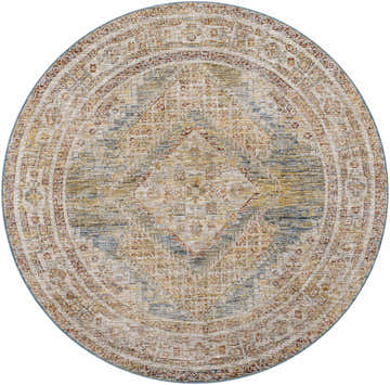 Close-up of round Moya Cream Rich Textured Traditional Rug. Bone, clay, gray, and thatch colors. Farmhouse style. Design-Round-53