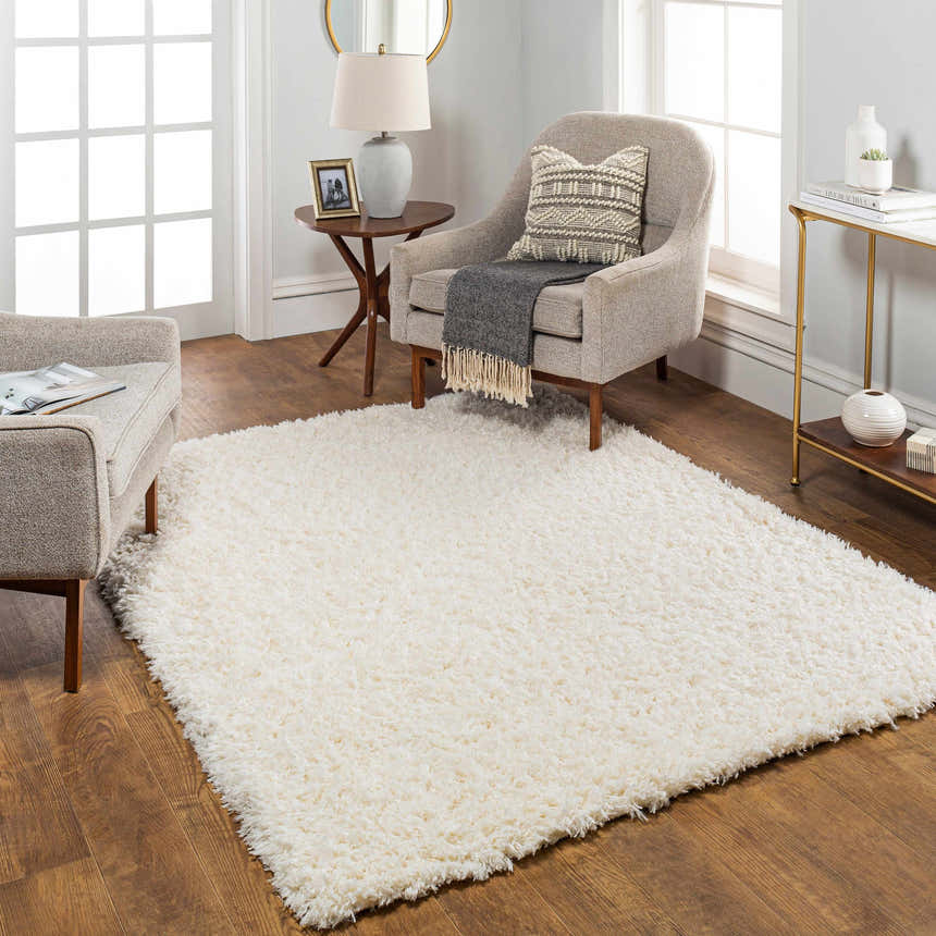 Living room scene with a cream Siari Solid Plush Rug, neutral furniture, and warm wood floors. Roomscene-Rectangle