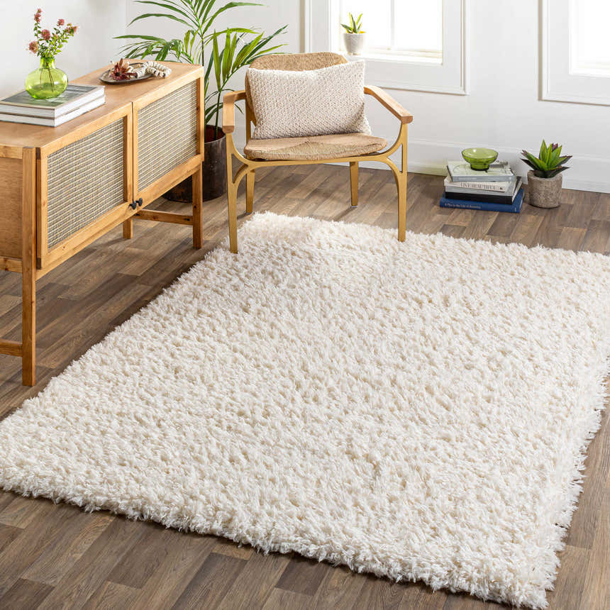 Living room scene with a Siari Solid Cream Plush Rug, wooden cabinet, and chair. Roomscene-Rectangle