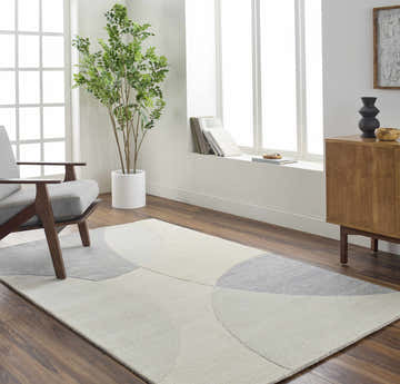 Living room scene with a gray armchair and the Cassiopeia Gray & Beige Area Rug on a wood floor. Modern, light-filled space. Roomscene-Rectangle