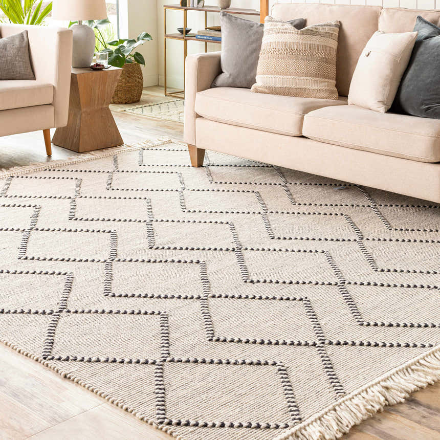 Living room scene with a cream sofa and the Siguinon Area Rug, a hand-woven wool rug with a geometric black and cream pattern. Roomscene-Rectangle