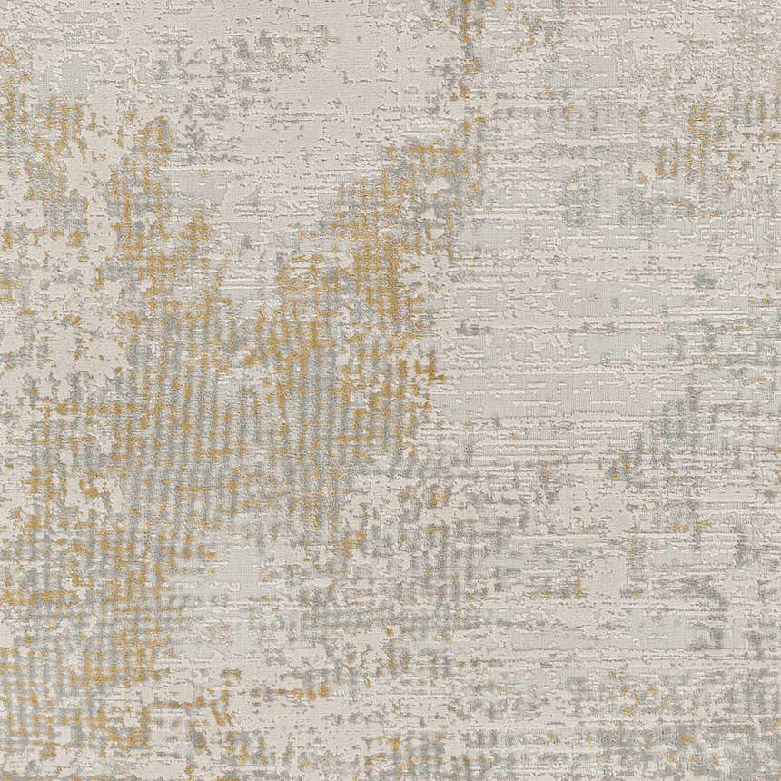 Close-up of the Siirt Textured Luxe Rug. Abstract design in bone, faded driftwood, gray, and light brown. Swatch