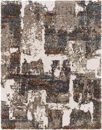 Close-up of the Silvis Boutique Area Rug. Shag rug with a contemporary abstract pattern in cream, gray, blue, and burgundy. Design-Rectangle-71010