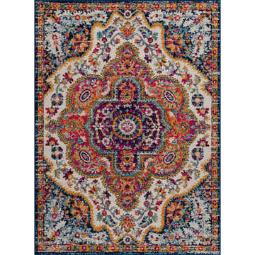 Close-up of the New Simsbury Area Rug. Colorful, traditional rug with floral and medallion pattern. Polypropylene, machine woven. Design-Rectangle
