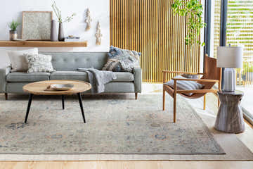 Living room scene with gray sofa, wood accents, and Sipocot Premium Area Rug in beige, brick red, and navy. Roomscene-Rectangle