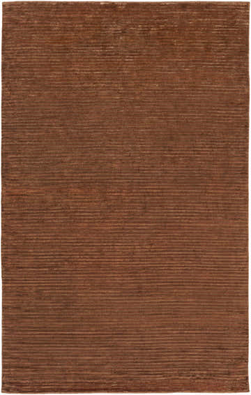 Close-up of the hand-knotted Sjafb Area Carpet in brown viscose with subtle horizontal striations. Design-Rectangle-58