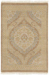 Close-up of the Olson Area Rug. Hand-knotted wool rug with a contemporary tan, beige, and yellow floral medallion pattern. Design-Rectangle-23