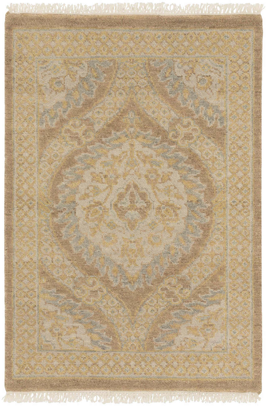 Close-up of the Olson Area Rug. Hand-knotted wool rug with a contemporary tan, beige, and yellow floral medallion pattern. Design-Rectangle-23