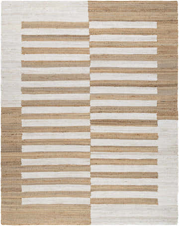 Close-up of the hand woven Soren Area Rug. Jute rug features a modern stripe design in ash, light silver, and tan. Design-Rectangle-810