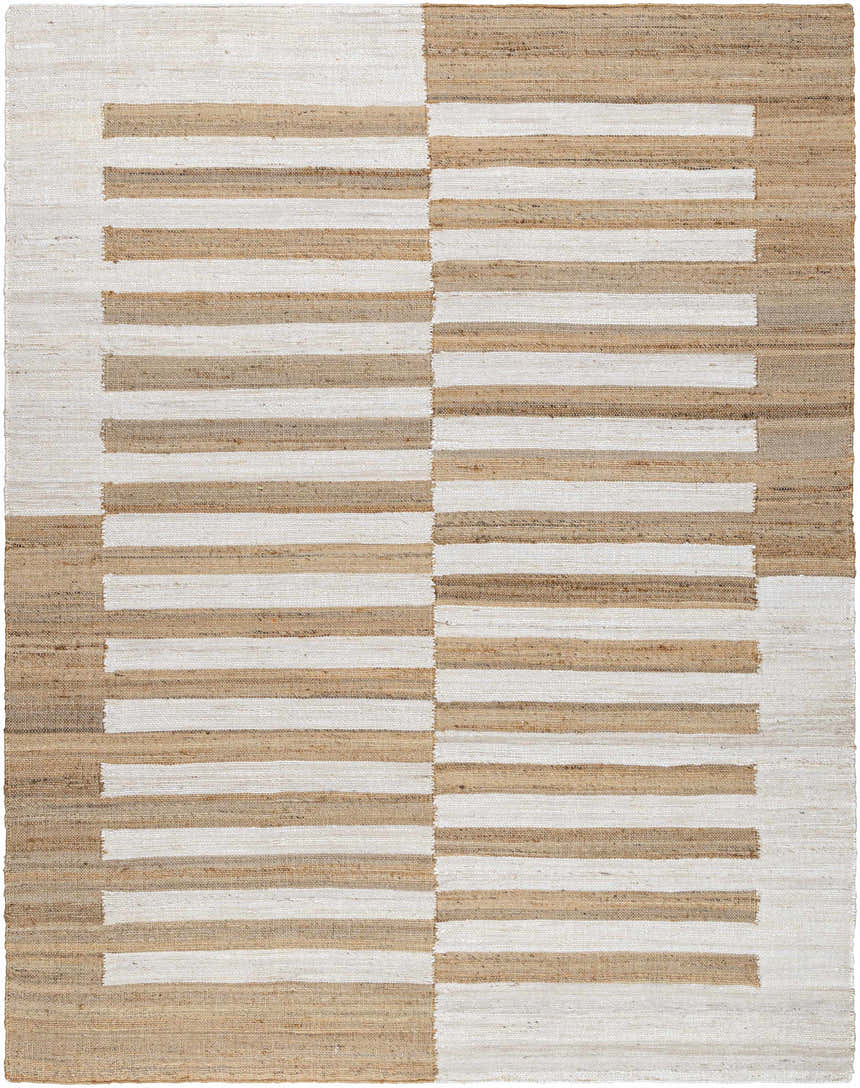 Close-up of the hand woven Soren Area Rug. Jute rug features a modern stripe design in ash, light silver, and tan. Design-Rectangle-810
