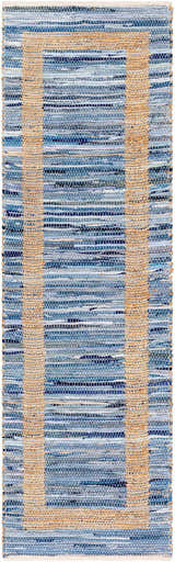 Close-up of Ghita Recycled Blue Jean Rug. Hand-woven rug with blue denim and beige jute stripes. Contemporary style. Design-Runner-268