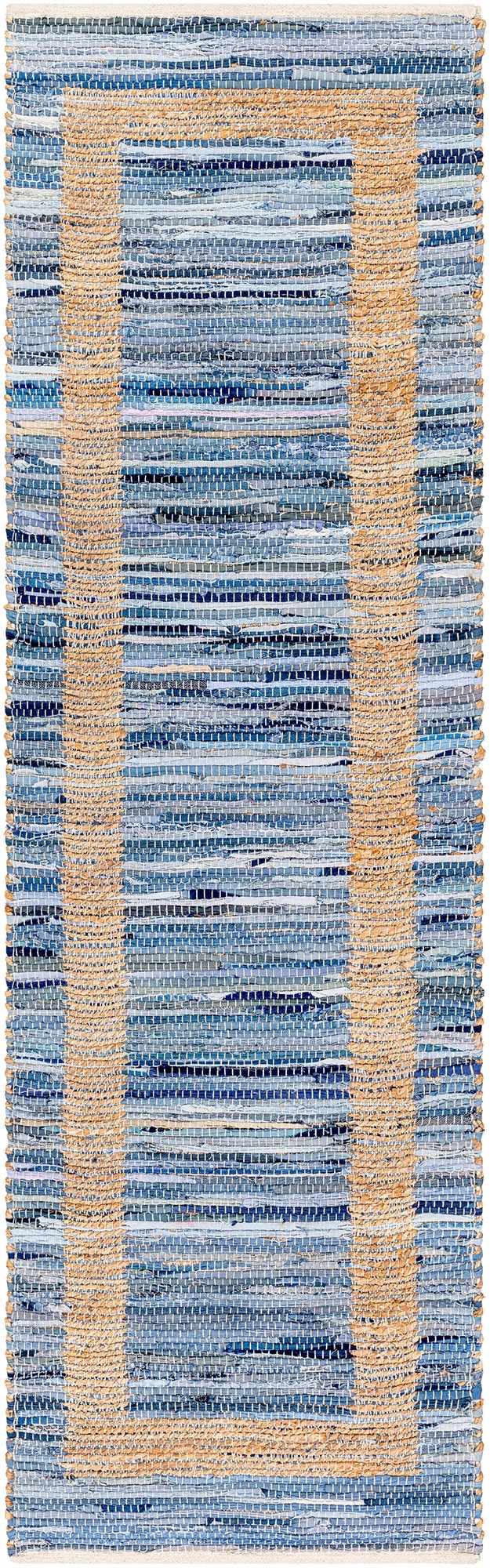 Close-up of Ghita Recycled Blue Jean Rug. Hand-woven rug with blue denim and beige jute stripes. Contemporary style. Design-Runner-268