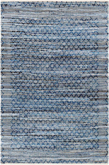 Close-up of the hand woven Goro Area Rug. Features charcoal, gray, and blue tones in a contemporary pattern. Design-Rectangle-913