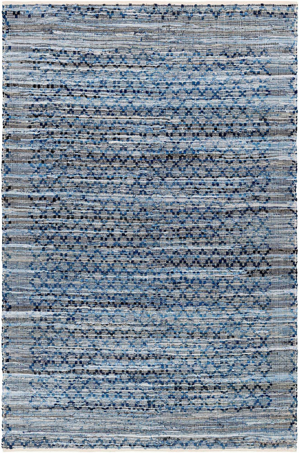 Close-up of the hand woven Goro Area Rug. Features charcoal, gray, and blue tones in a contemporary pattern. Design-Rectangle-913