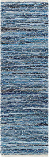 Close-up of the hand woven Gurit Blue Area Rug. Features stripes of arctic sky, navy, and silverton blue hues. Design-Runner-268