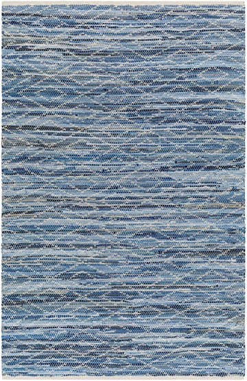 Close-up of the hand woven Gurit Blue Area Rug. Features horizontal stripes of blue, gray, and white recycled fabric. Design-Rectangle-576