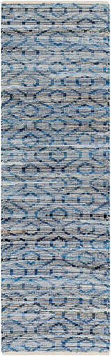 Close-up of the hand woven Gurit Blue & Brown Area Rug. Features admiral blue, brown, and gray recycled fabric. Design-Runner-268