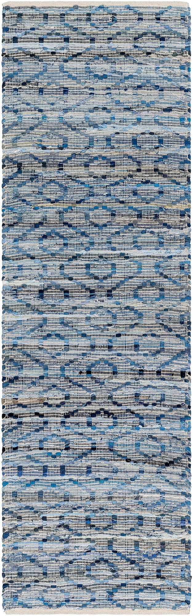 Close-up of the hand woven Gurit Blue & Brown Area Rug. Features admiral blue, brown, and gray recycled fabric. Design-Runner-268