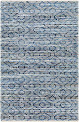 Close-up of the Gurit Blue & Brown Area Rug showing its woven texture and geometric pattern in shades of blue, brown, and gray. Design-Rectangle-576