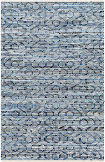 Close-up of the Gurit Blue & Brown Area Rug showing its woven texture and geometric pattern in shades of blue, brown, and gray. Design-Rectangle-576