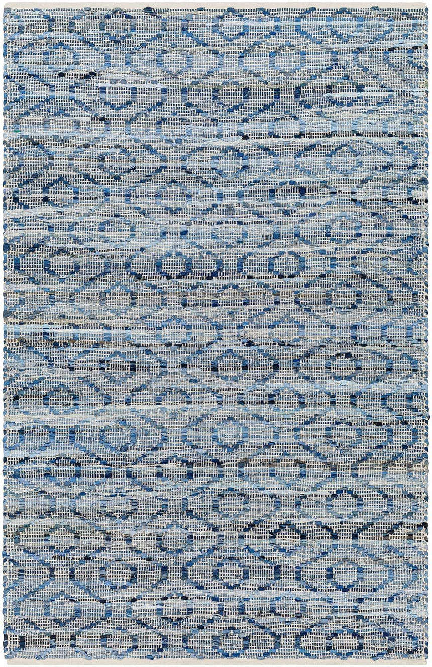 Close-up of the Gurit Blue & Brown Area Rug showing its woven texture and geometric pattern in shades of blue, brown, and gray. Design-Rectangle-576