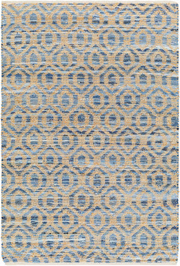 Close-up of the Isaye Blue Area Rug. Hand-woven jute and recycled fabric with a geometric pattern in blue and beige tones. Design-Rectangle-576