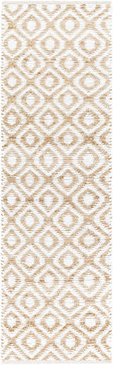 Close-up of the hand woven Isaye Beige Area Rug. Features a geometric diamond pattern in beige and tan jute on a white background. Design-Runner-268