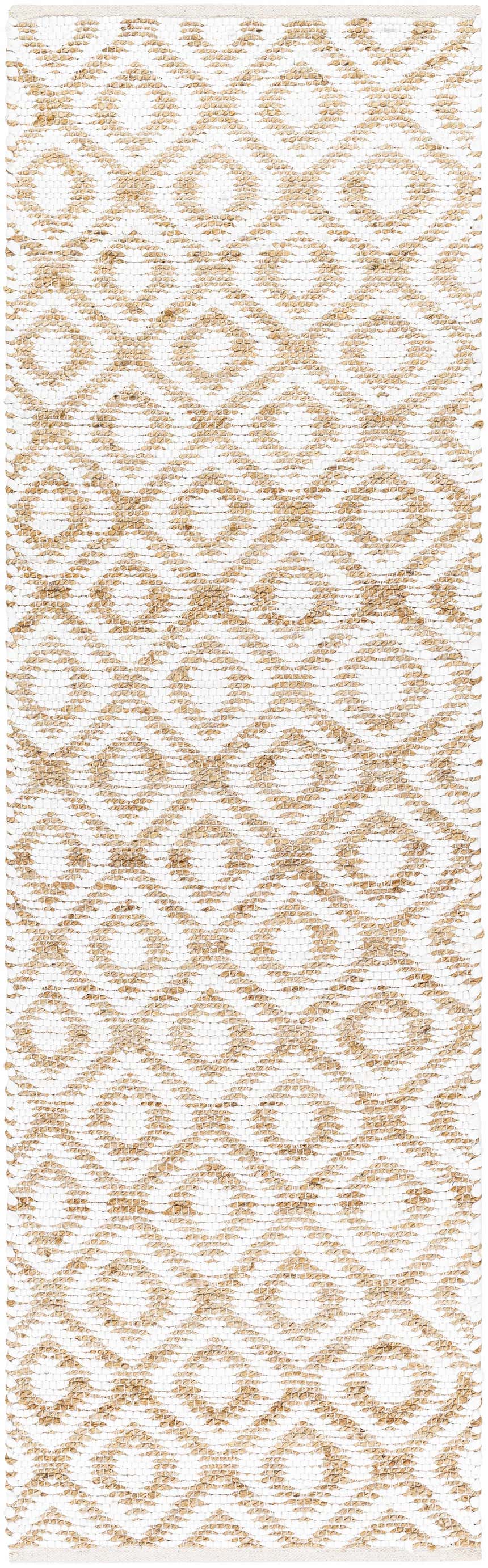 Close-up of the hand woven Isaye Beige Area Rug. Features a geometric diamond pattern in beige and tan jute on a white background. Design-Runner-268