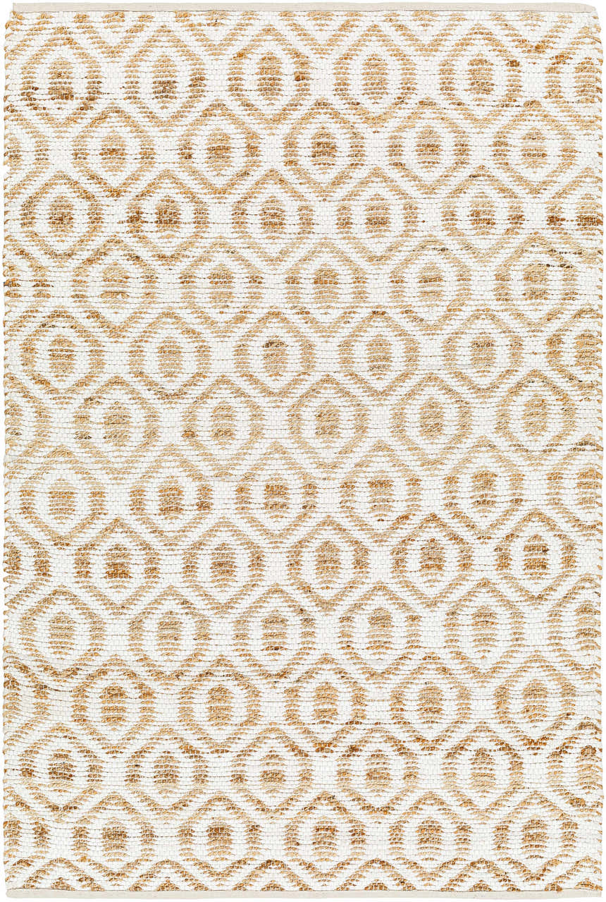 Close-up of Isaye Beige Area Rug showing jute and recycled fabric weave with a geometric diamond pattern. Design-Rectangle-576