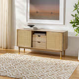 Living room scene with a beige Isaye Area Rug, light wood console table, and neutral decor. Roomscene-Rectangle