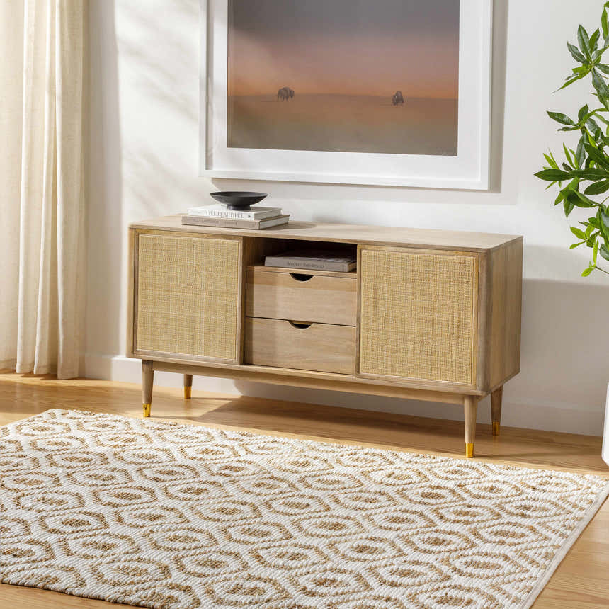 Living room scene with a beige Isaye Area Rug, light wood console table, and neutral decor. Roomscene-Rectangle