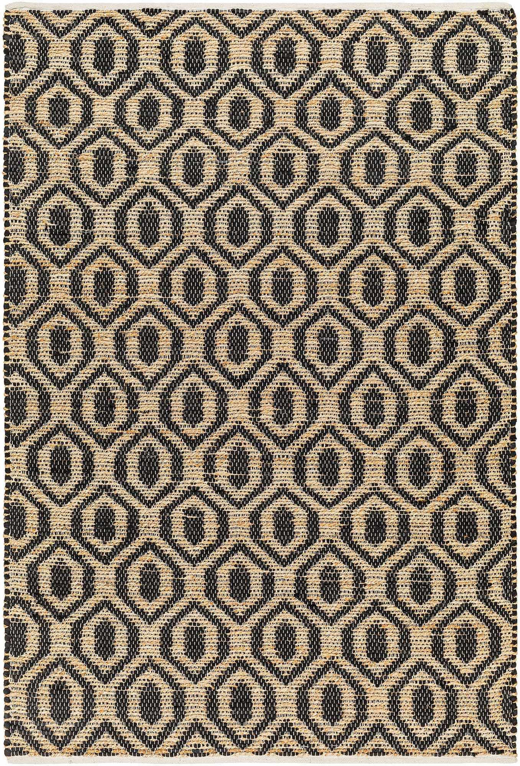 Close-up of the Isaye Charcoal Area Rug featuring a geometric dark gray and beige pattern, hand-woven jute texture. Design-Rectangle-576