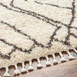 Close-up of the Hersz Cream Area Rug showing its shag texture, geometric pattern, and braided fringe detail. Texture