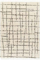 Close-up of the Hodor Area Rug: a beige shag rug with a gray grid pattern and tassel fringe. Farmhouse style. Design-Rectangle-537