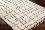 Close-up of the Hodor Area Rug: a shag rug with a beige and brown geometric grid pattern and white tassels on dark wood floors. Corner