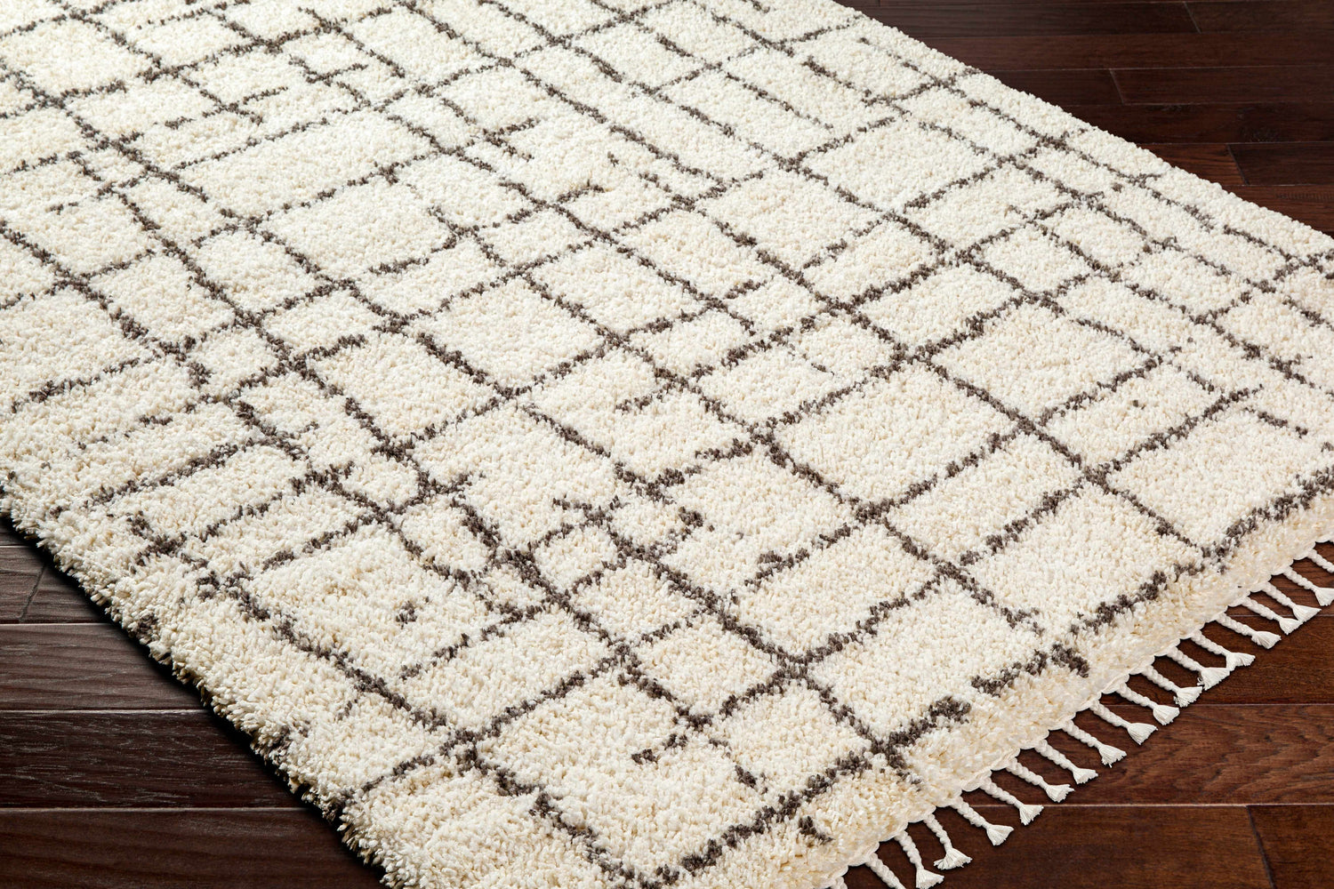 Close-up of the Hodor Area Rug: a shag rug with a beige and brown geometric grid pattern and white tassels on dark wood floors. Corner