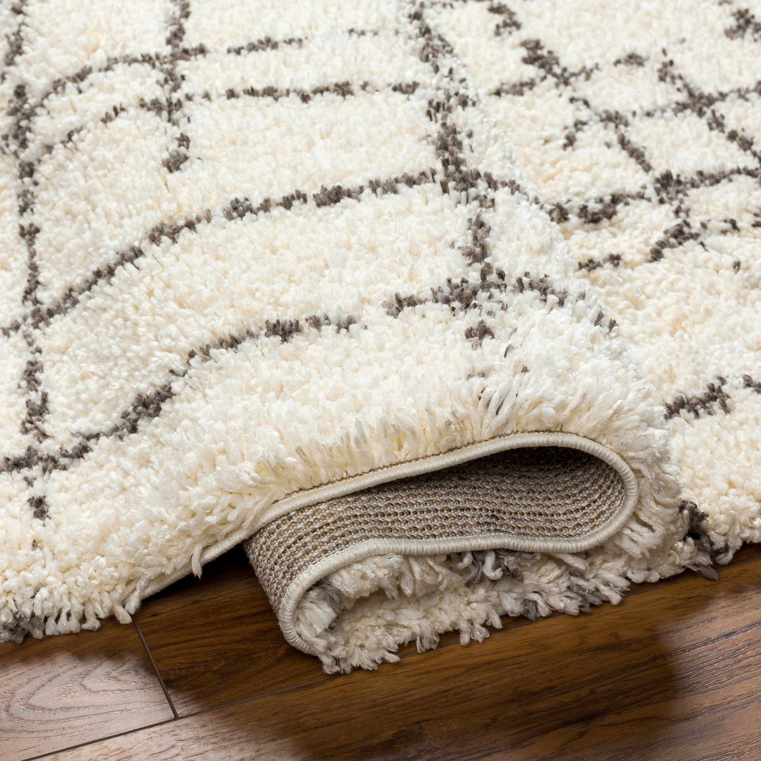 Close-up of the Hodor Area Rug showing its beige shag texture and gray geometric pattern. Rolled edge reveals rug backing. Fold