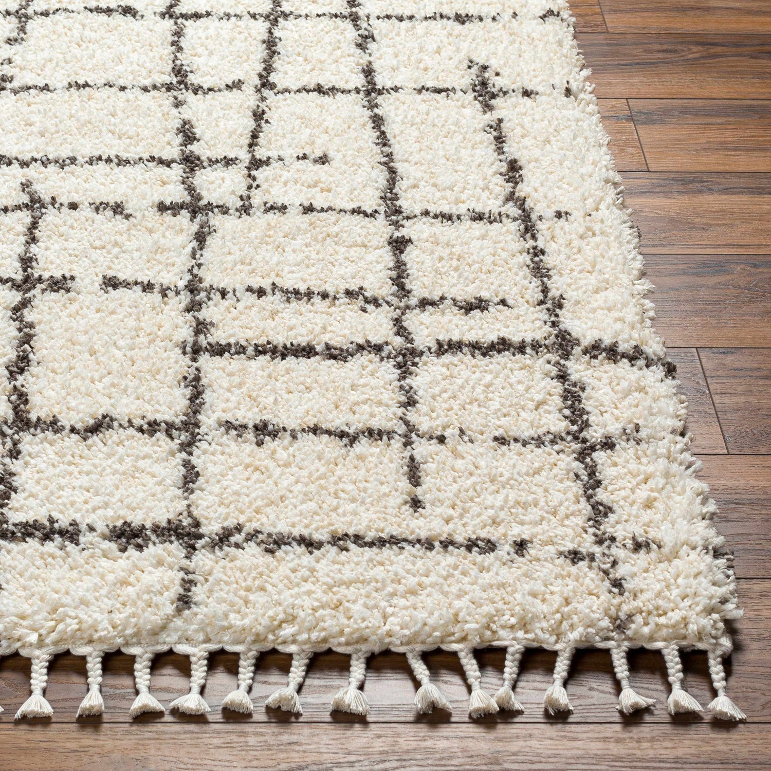 Close-up of the Hodor Area Rug. Beige shag rug with a brown grid pattern and tasseled fringe on dark wood floors. Front