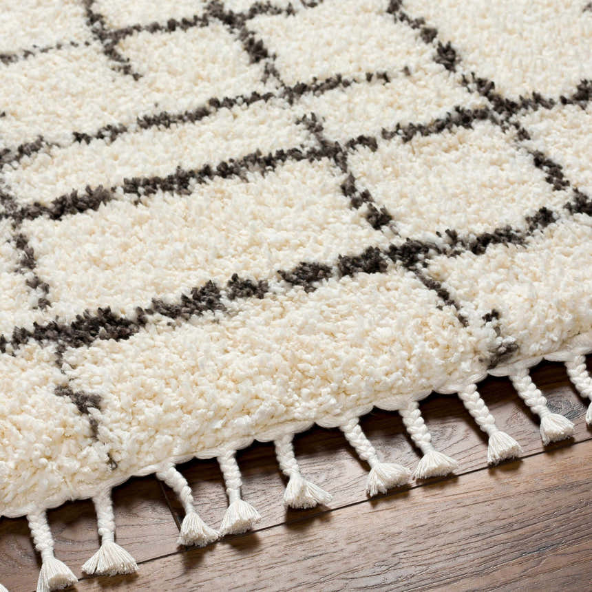 Close-up of the Hodor Area Rug showing its beige shag texture, gray geometric pattern, and decorative tassels. Texture