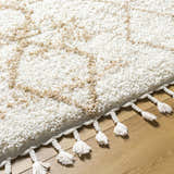 Close-up of the Ishan Cream Area Rug showing its shag texture, geometric beige pattern, and tassel details. Texture