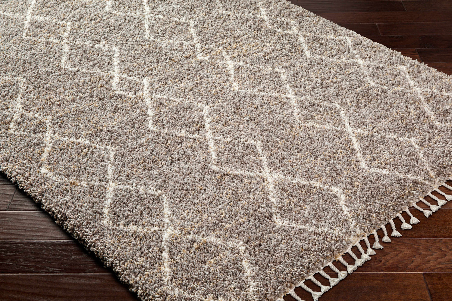 Close-up of the Ishan Taupe Area Rug, a shag rug with a geometric pattern and tassels, on dark wood flooring. Corner