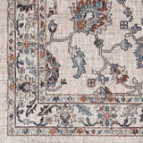 Close-up of the Ardin Cream Area Rug showing its traditional floral pattern in shades of cream, blue, brown, and black. Swatch