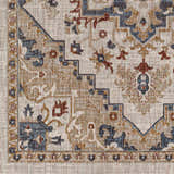 Close-up of the Lewa Cream Area Rug. Features a traditional design with black, bone, and burgundy floral patterns. Swatch